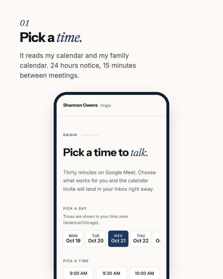 Step 1, pick a time: the booking page on a phone, showing open days and times.