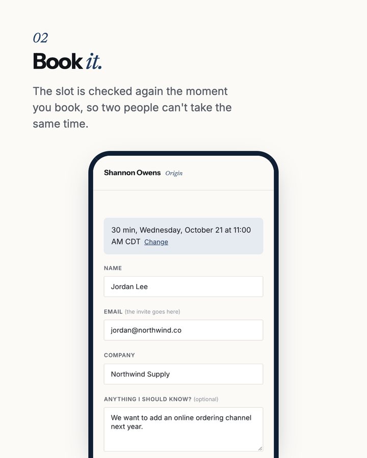Step 2, book it: the booking form with name, email, company and a note.