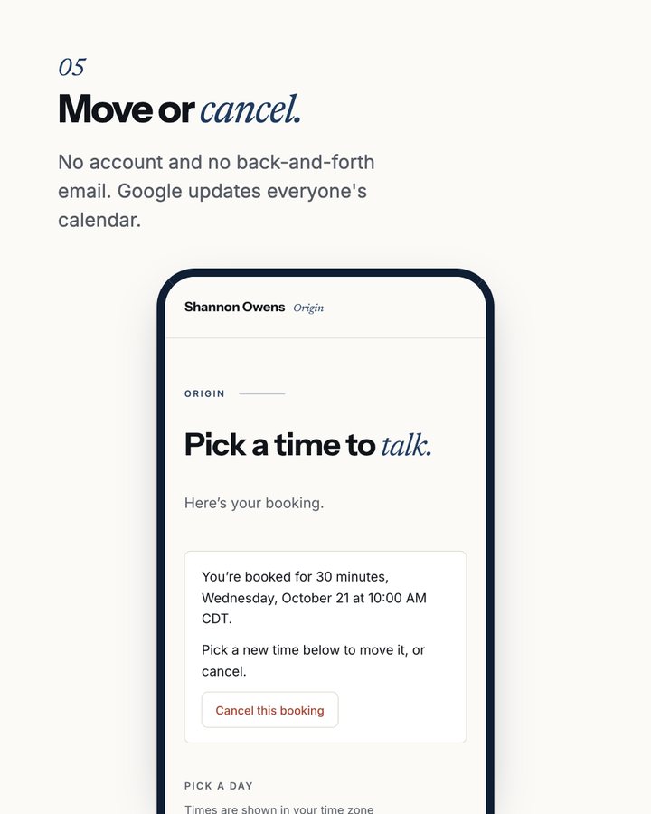 Step 5, move or cancel: the manage page showing the booking and a cancel button.