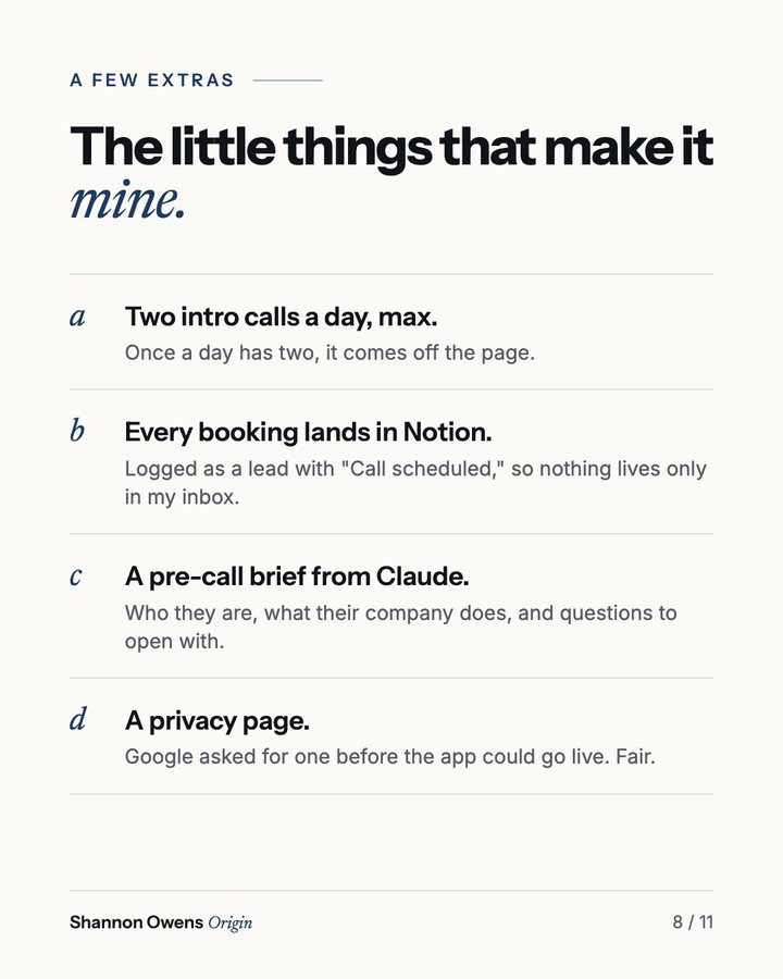 A few extras: two intro calls a day at most, every booking logged in Notion, a pre-call brief from Claude, and a privacy page.