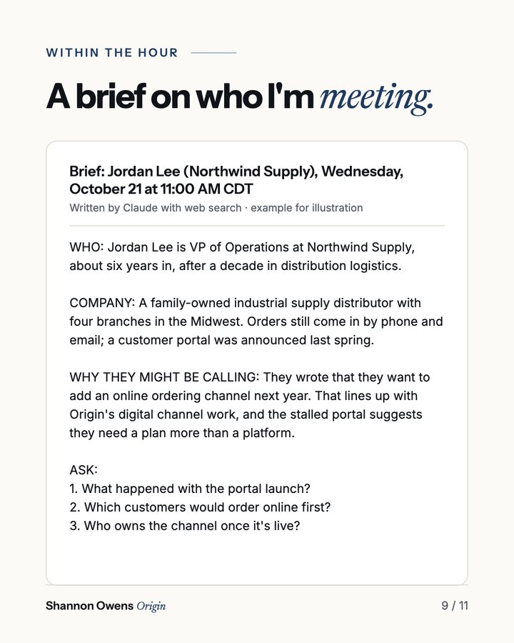 An example pre-call brief for a sample guest, with who they are, their company, why they might be calling, and questions to ask.
