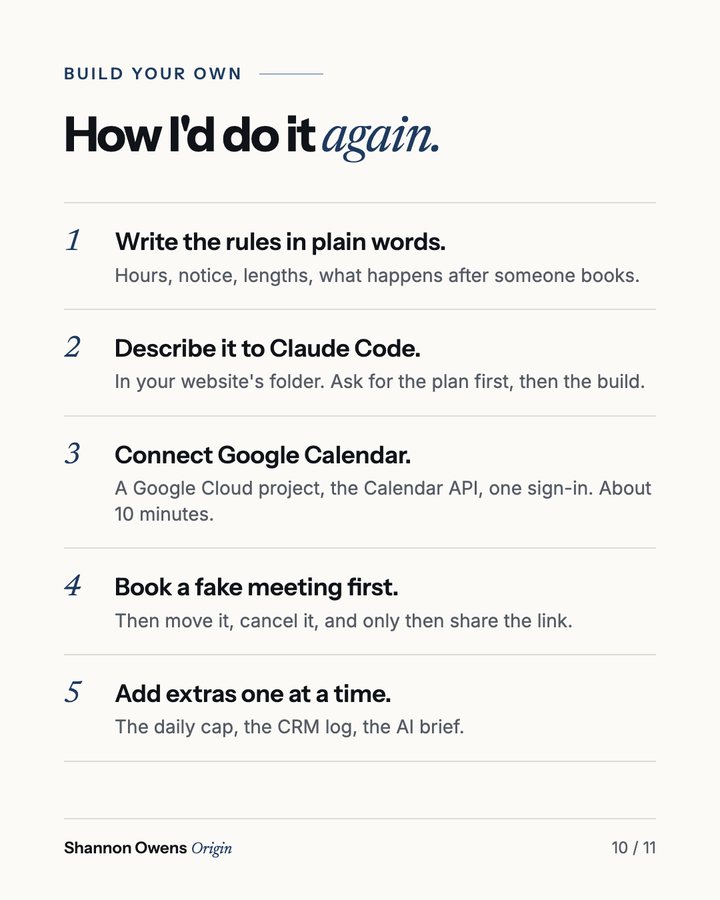 How I'd do it again: write the rules in plain words, describe it to Claude Code, connect Google Calendar, book a fake meeting first, add extras one at a time.