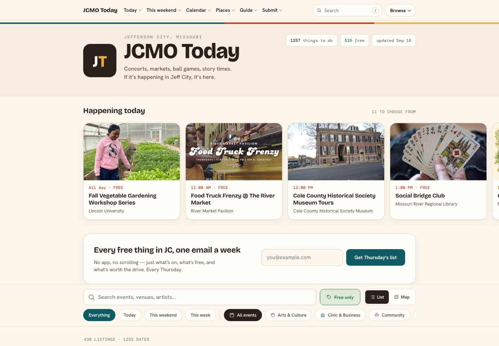 The JCMO Today homepage: 1,257 things to do, 525 of them free, updated September 16, with today's events in a row of cards.